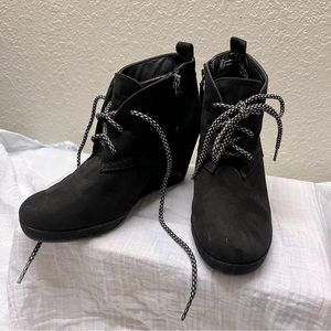 Black lace up, zipper wedge boots. Free shipping. Offers welcome! Donating soon!